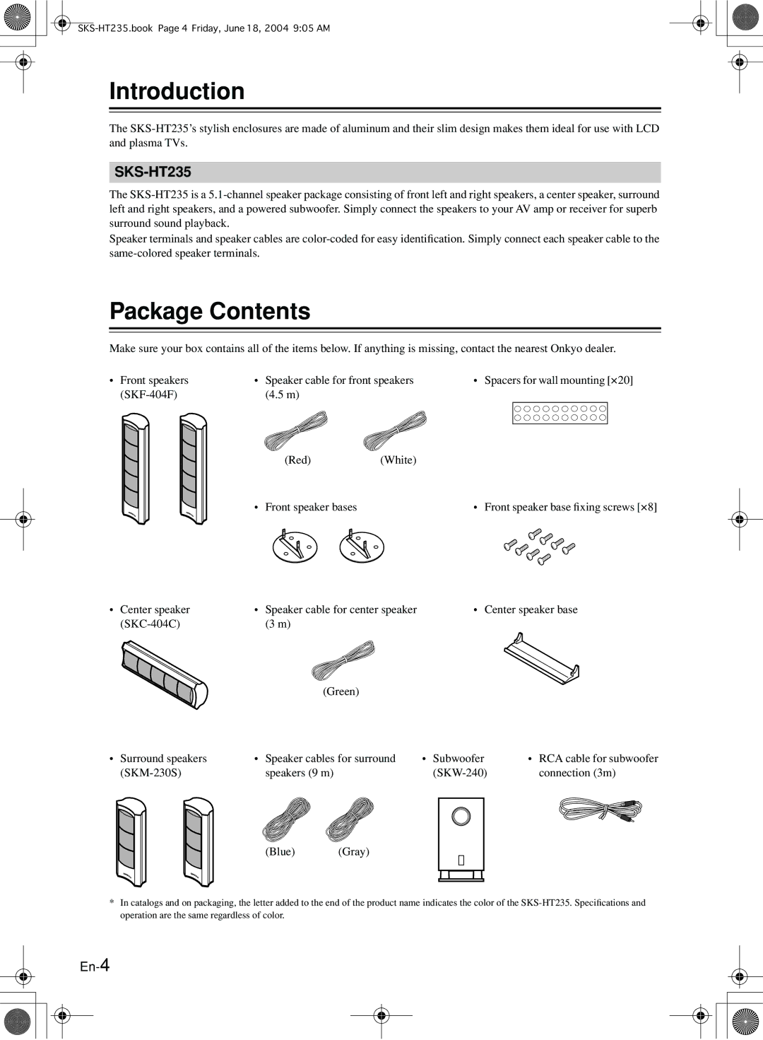 Onkyo SKS-HT235 appendix Introduction, Package Contents 