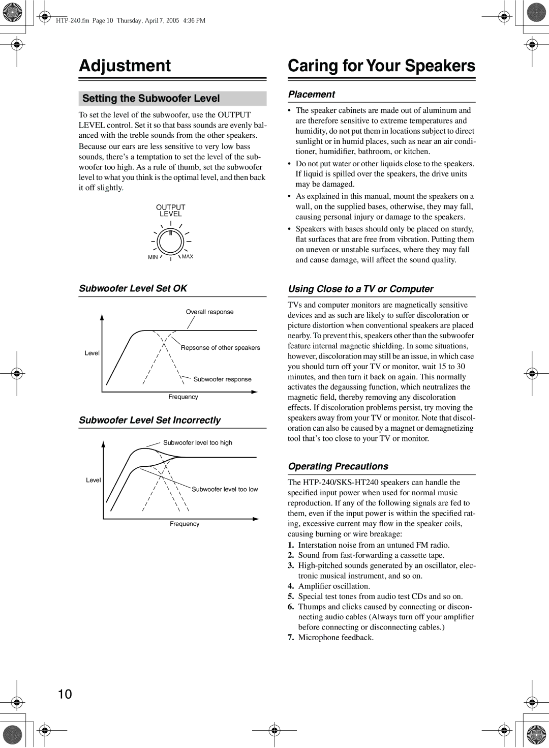 Onkyo SKS-HT240, HTP-240 instruction manual Adjustment, Caring for Your Speakers, Setting the Subwoofer Level 