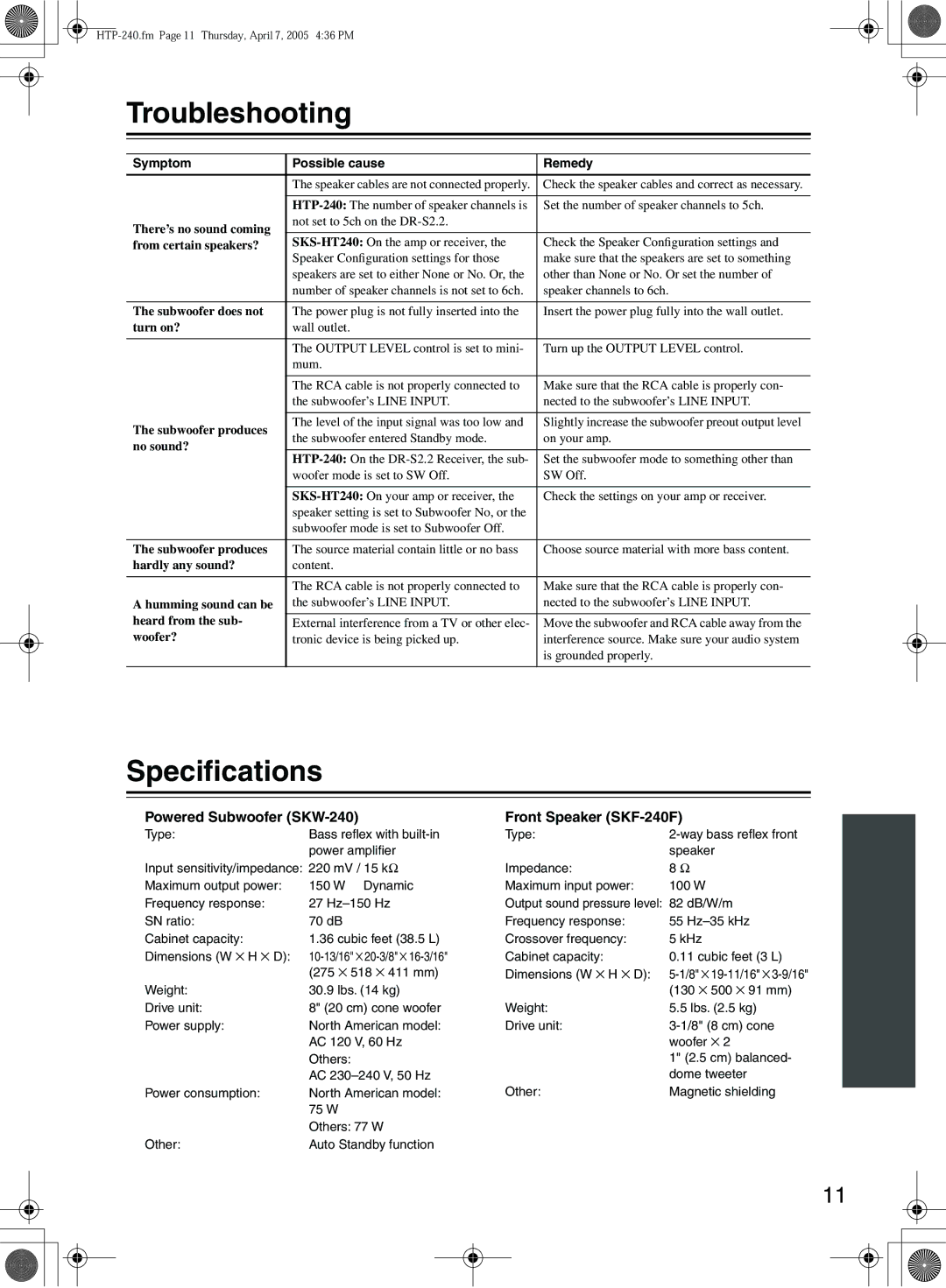 Onkyo HTP-240, SKS-HT240 instruction manual Troubleshooting, Speciﬁcations, Powered Subwoofer SKW-240 Front Speaker SKF-240F 