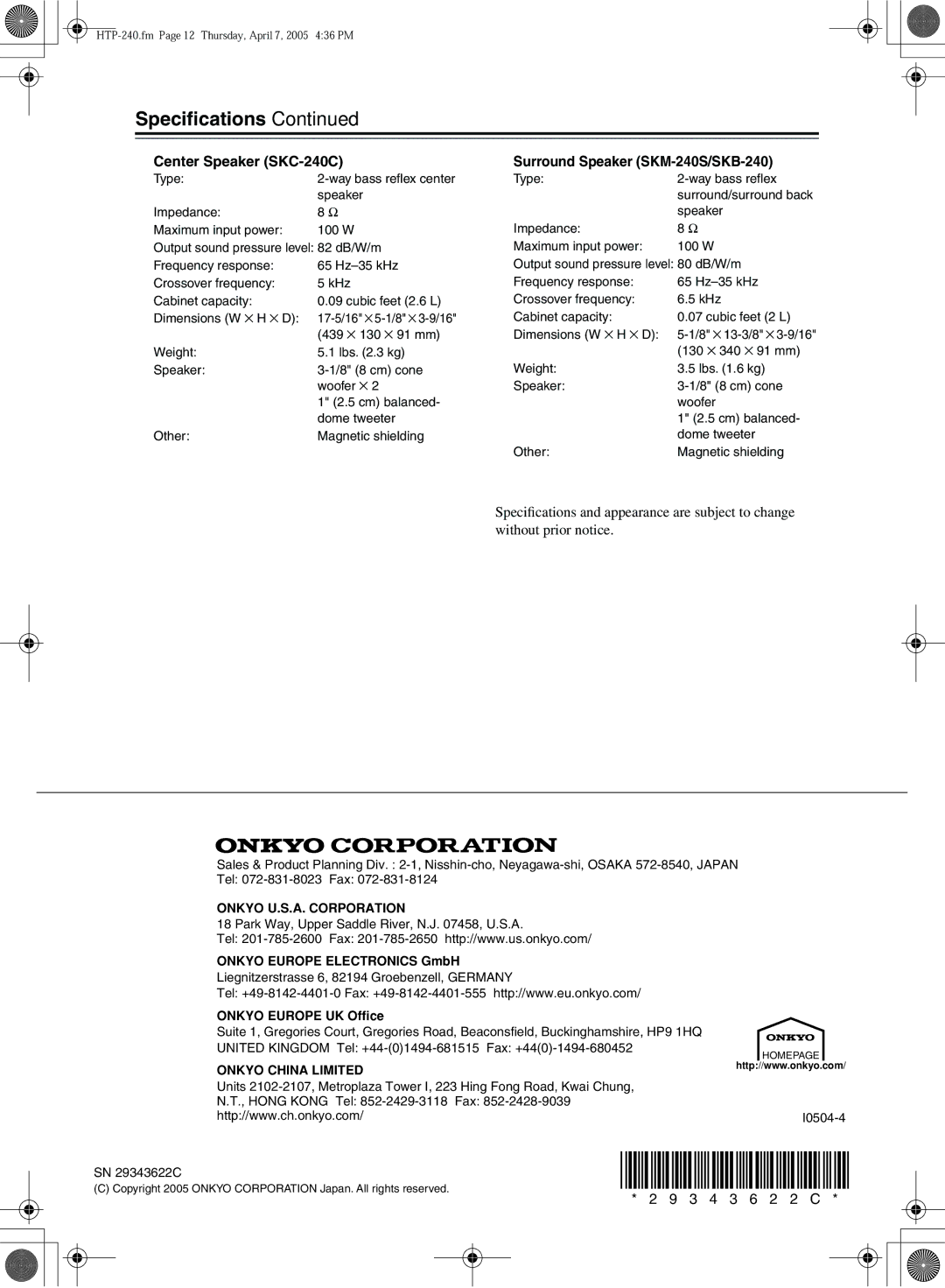 Onkyo SKS-HT240 Speciﬁcations, Center Speaker SKC-240C, Surround Speaker SKM-240S/SKB-240, Onkyo Europe Electronics GmbH 