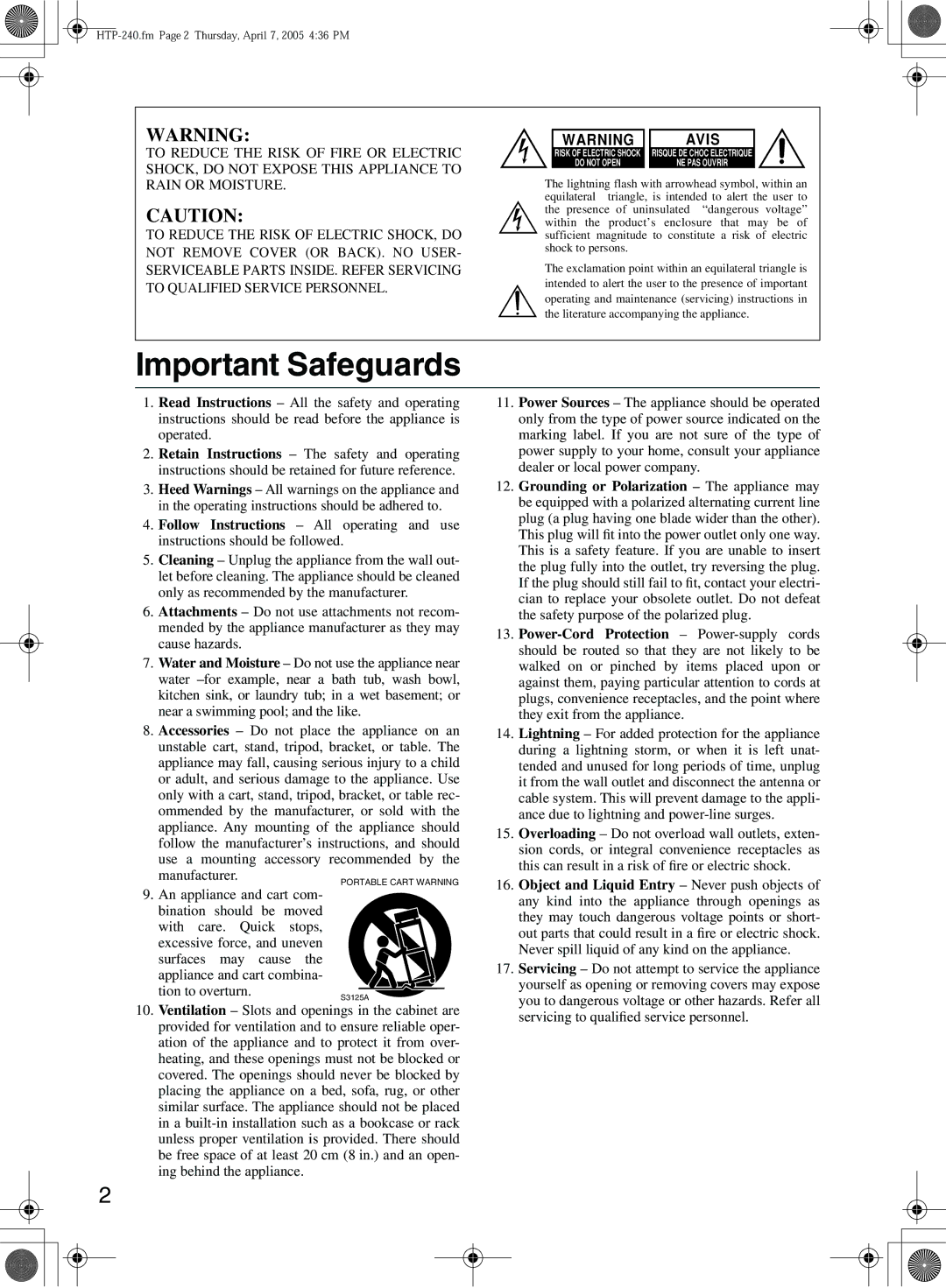 Onkyo SKS-HT240, HTP-240 instruction manual Important Safeguards 