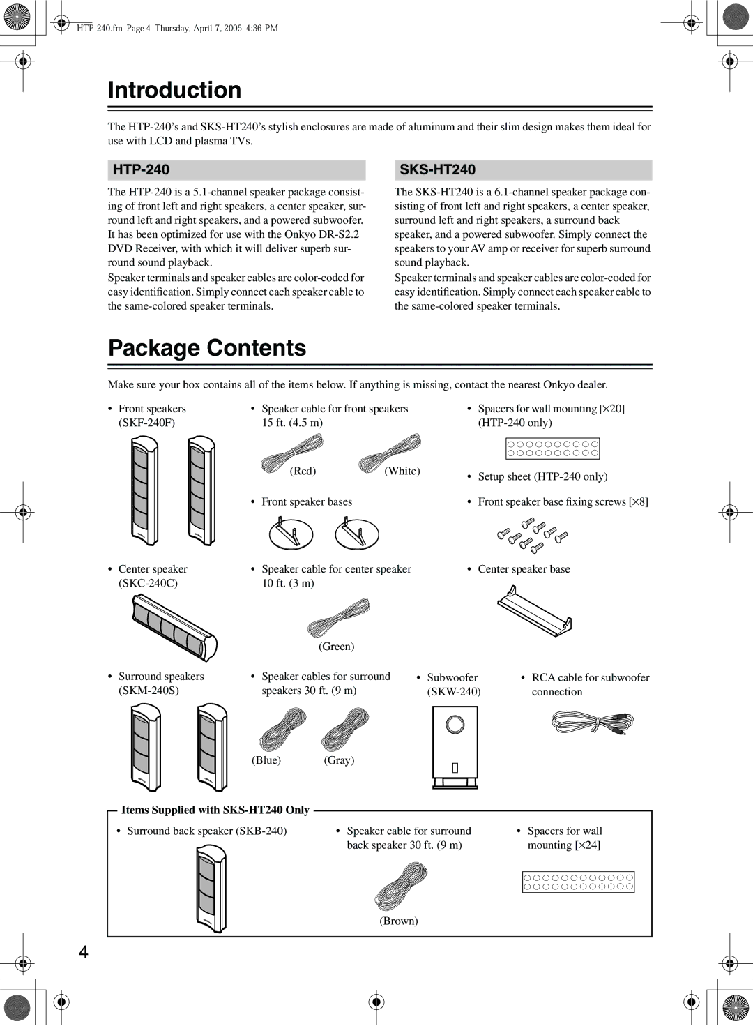 Onkyo SKS-HT240, HTP-240 instruction manual Introduction, Package Contents 