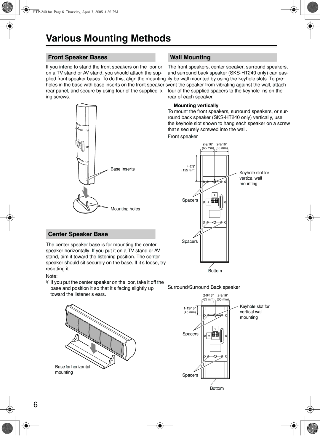 Onkyo SKS-HT240 Various Mounting Methods, Front Speaker Bases Wall Mounting, Center Speaker Base, Mounting vertically 