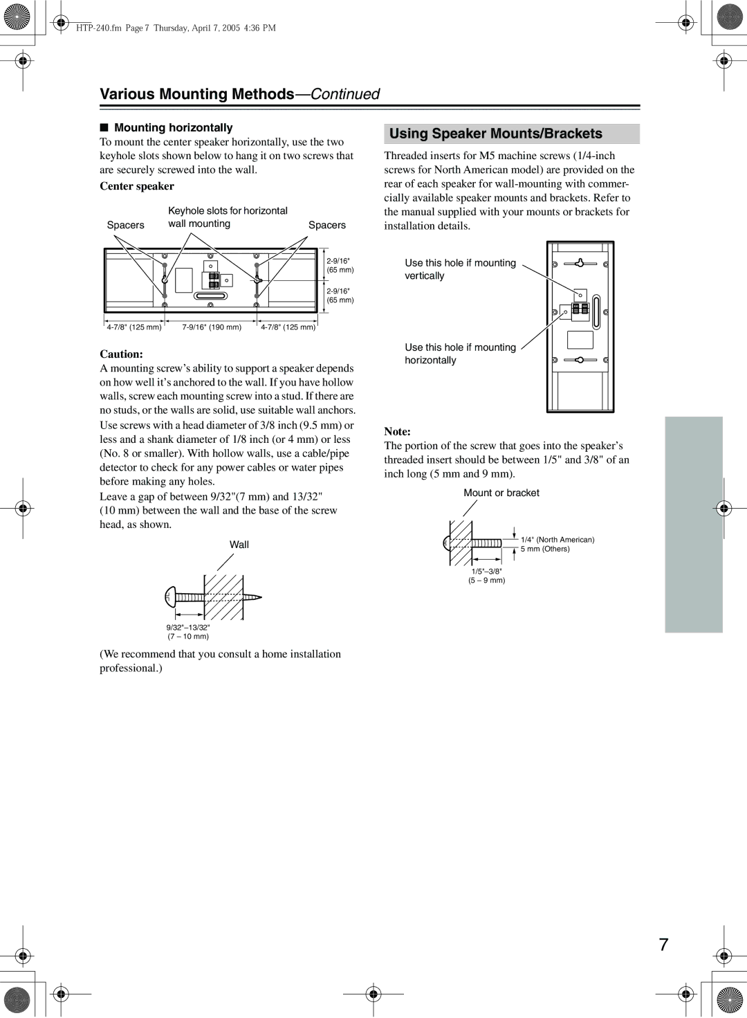 Onkyo HTP-240, SKS-HT240 Various Mounting Methods, Using Speaker Mounts/Brackets, Mounting horizontally, Center speaker 