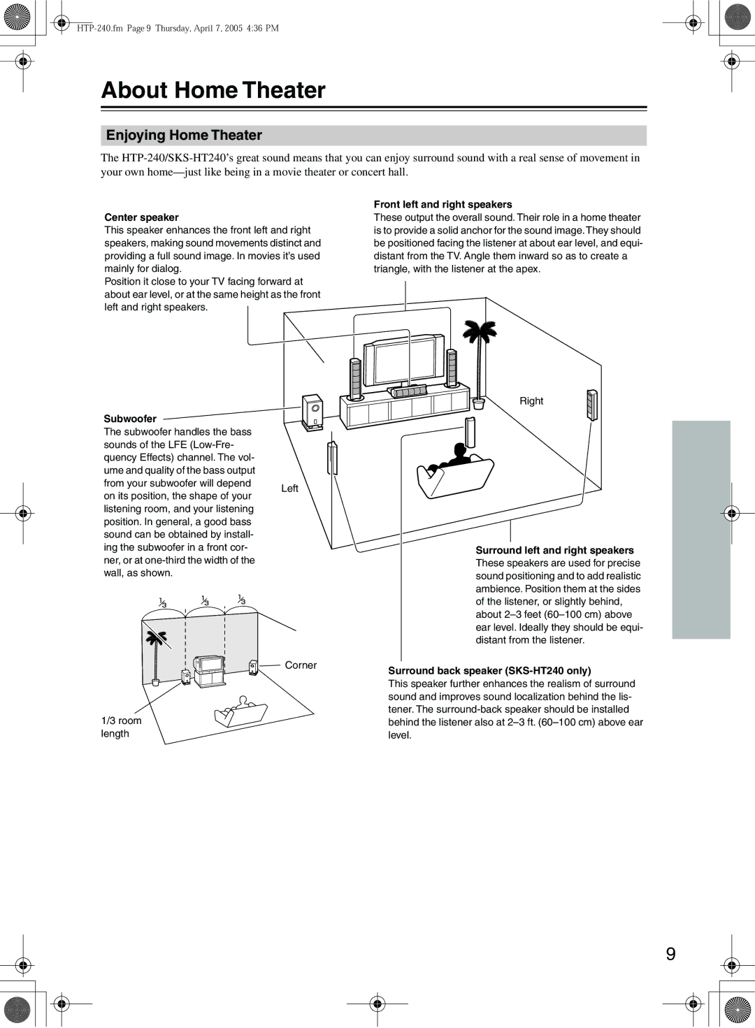 Onkyo HTP-240, SKS-HT240 instruction manual About Home Theater, Enjoying Home Theater 