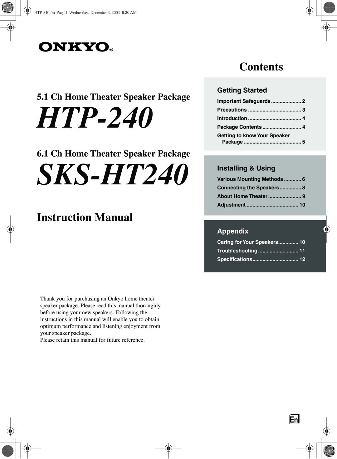 Onkyo HTP-240 instruction manual SKS-HT240 