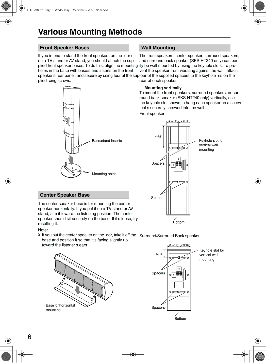 Onkyo SKS-HT240 Various Mounting Methods, Front Speaker Bases Wall Mounting, Center Speaker Base, Mounting vertically 