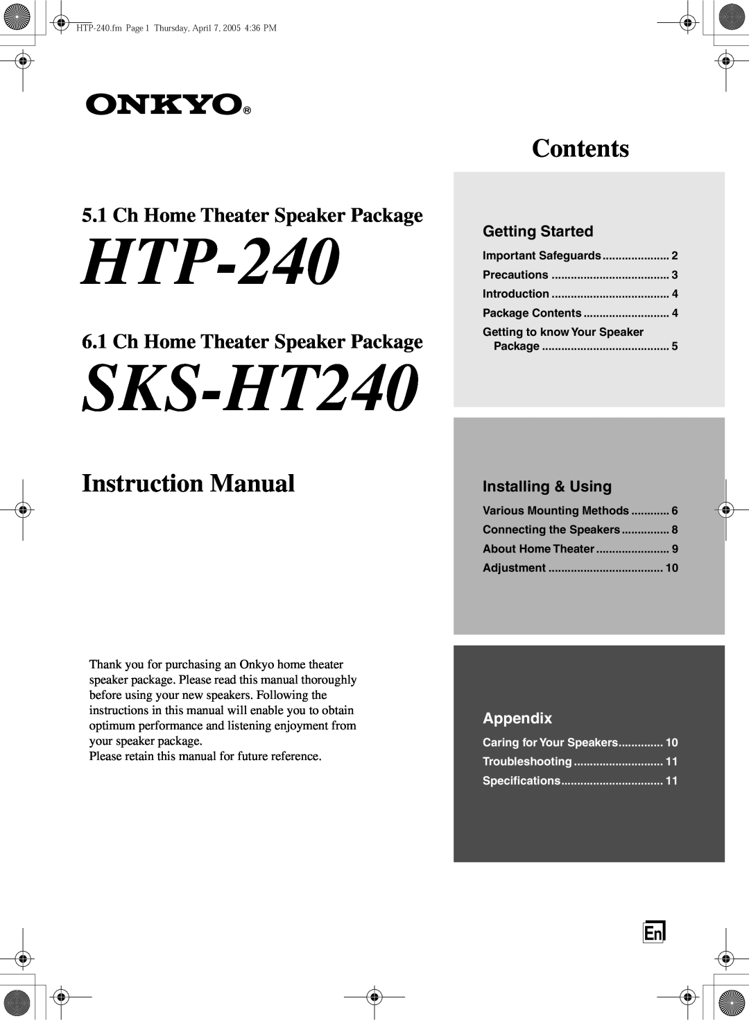Onkyo HTP-240 instruction manual Getting Started, Installing & Using, SKS-HT240, Contents, Ch Home Theater Speaker Package 