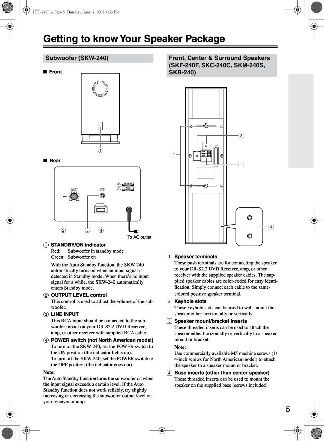 Onkyo HTP-240, SKS-HT240 instruction manual Getting to know Your Speaker Package, Subwoofer SKW-240 