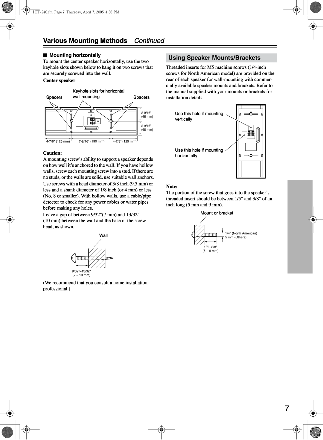 Onkyo HTP-240, SKS-HT240 instruction manual Various Mounting Methods-Continued, Using Speaker Mounts/Brackets 