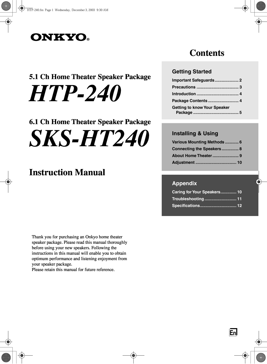 Onkyo HTP-240 instruction manual Getting Started, Installing & Using, SKS-HT240, Contents, Ch Home Theater Speaker Package 