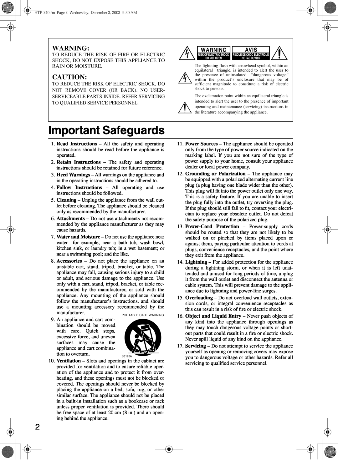 Onkyo SKS-HT240, HTP-240 instruction manual Important Safeguards, Avis 