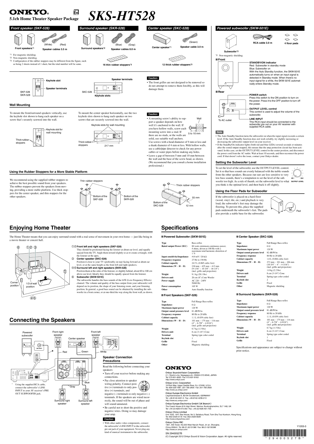 Onkyo SKS-HT528 specifications Wall Mounting, Using the Floor Pads for Subwoofer, Speaker Connection Precautions 