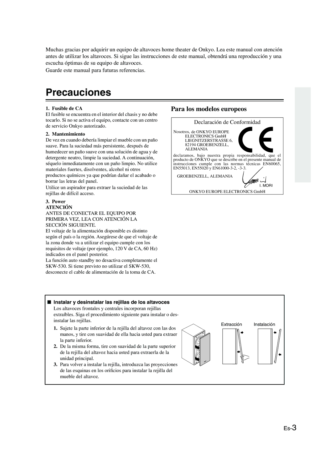 Onkyo SKS-HT530 Precauciones, Fusible de CA, Mantenimiento, Instalar y desinstalar las rejillas de los altavoces 