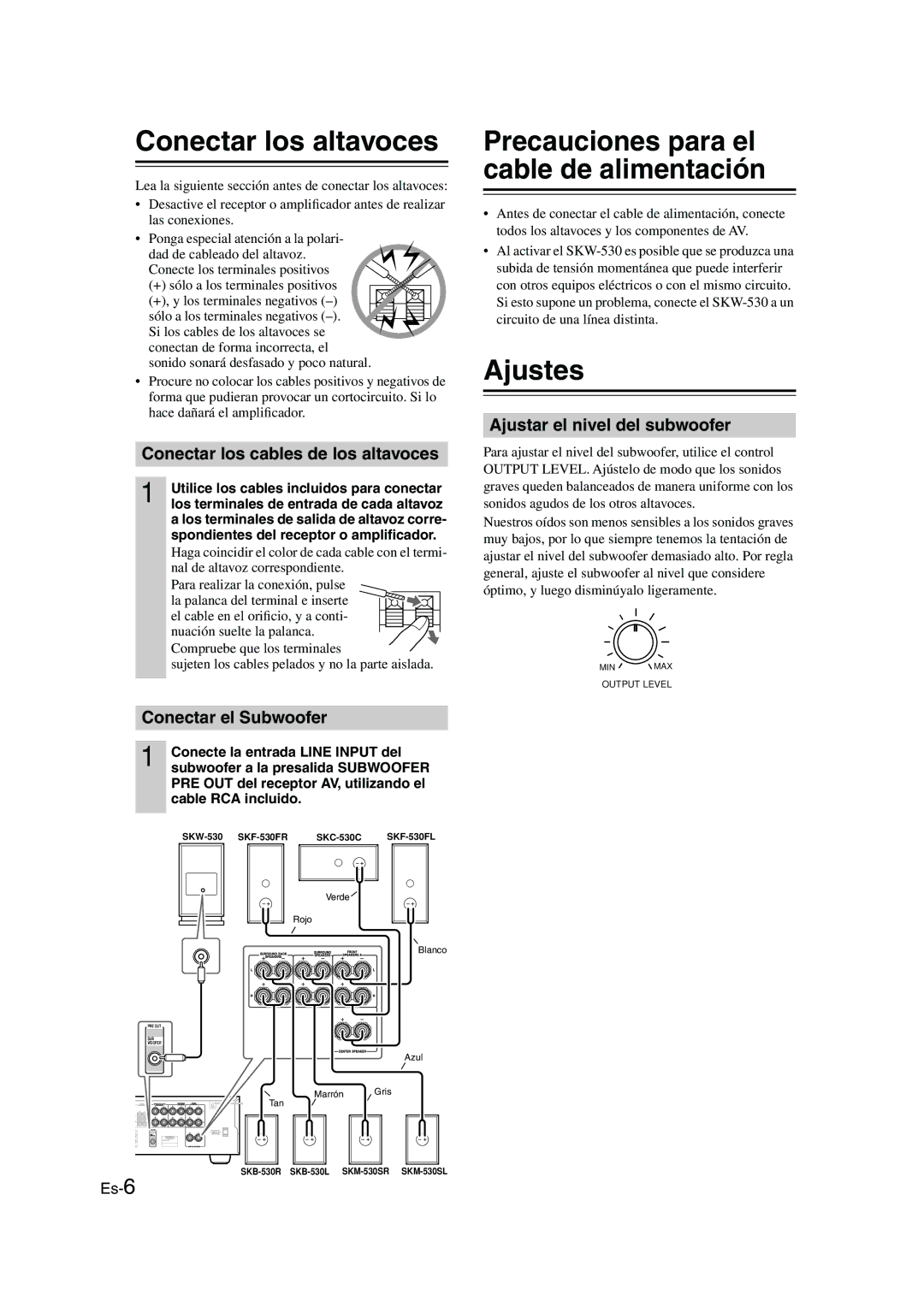 Onkyo SKS-HT530 Conectar los altavoces, Ajustes, Conectar los cables de los altavoces, Conectar el Subwoofer 