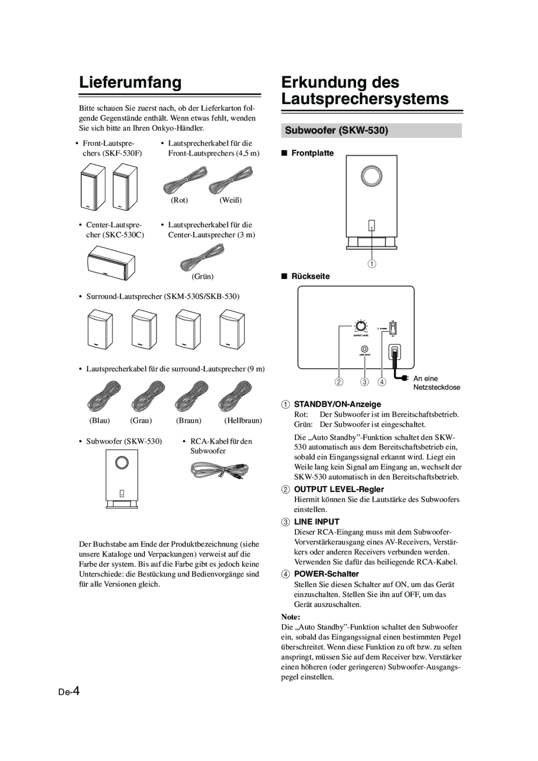 Onkyo SKS-HT530 instruction manual Lieferumfang, Erkundung des Lautsprechersystems 