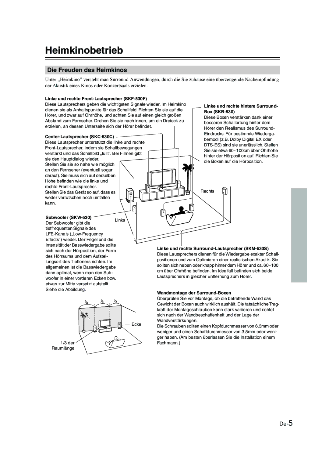 Onkyo SKS-HT530 instruction manual Heimkinobetrieb, Die Freuden des Heimkinos 