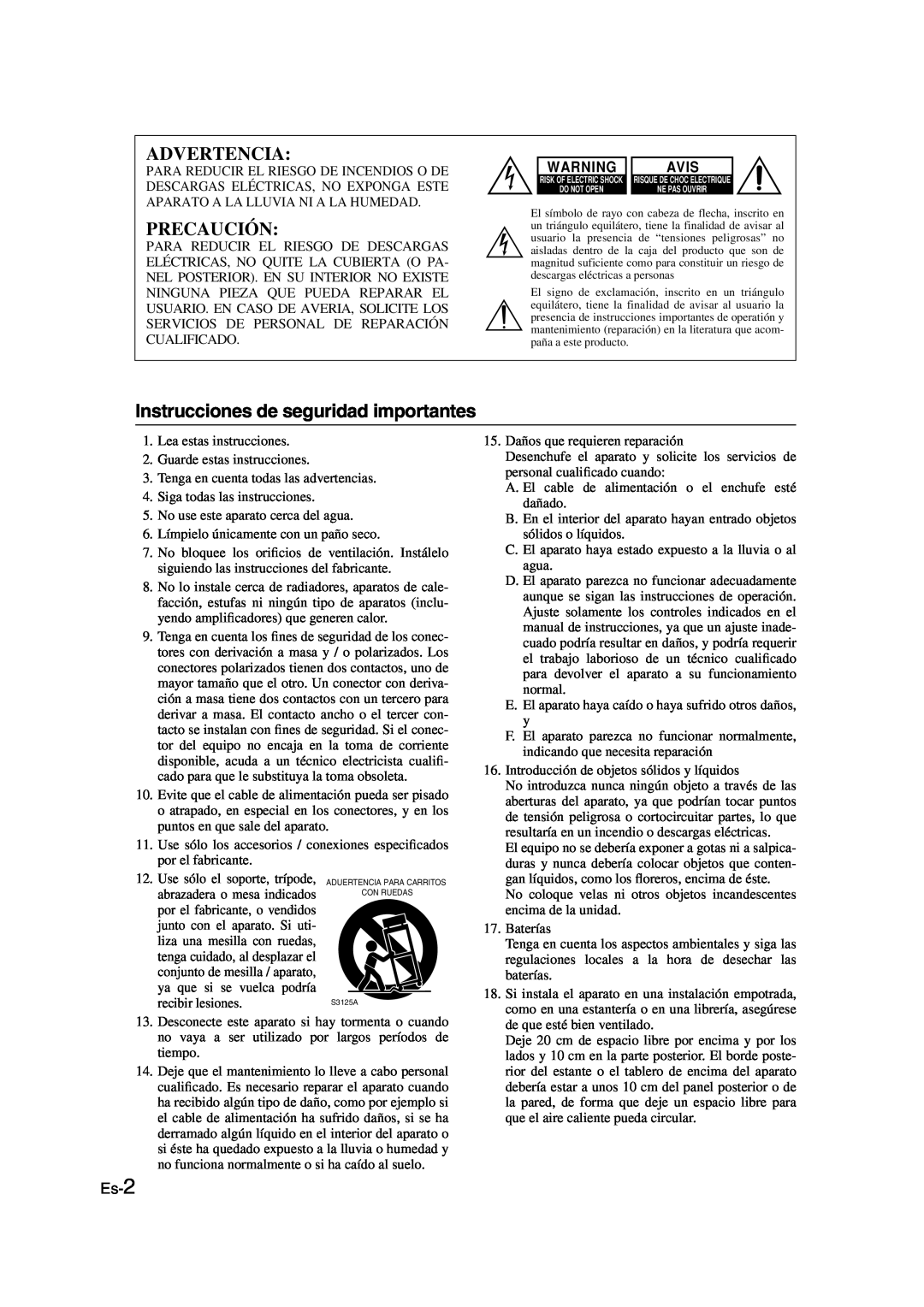 Onkyo SKS-HT530 instruction manual Advertencia, Precaución, Instrucciones de seguridad importantes, Es-2, Avis 