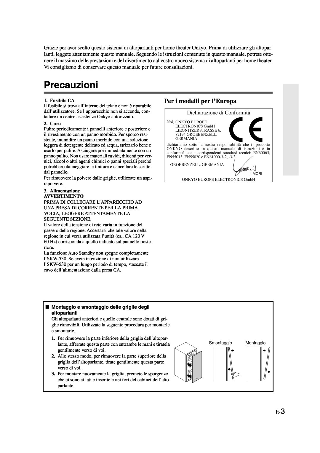 Onkyo SKS-HT530 Precauzioni, Per i modelli per l’Europa, Dichiarazione di Conformità, It-3, Fusibile CA, Cura 