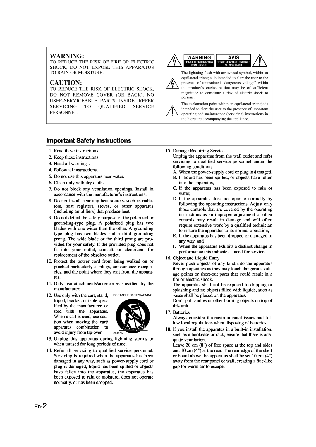 Onkyo SKS-HT530 instruction manual Important Safety Instructions, Avis, En-2 