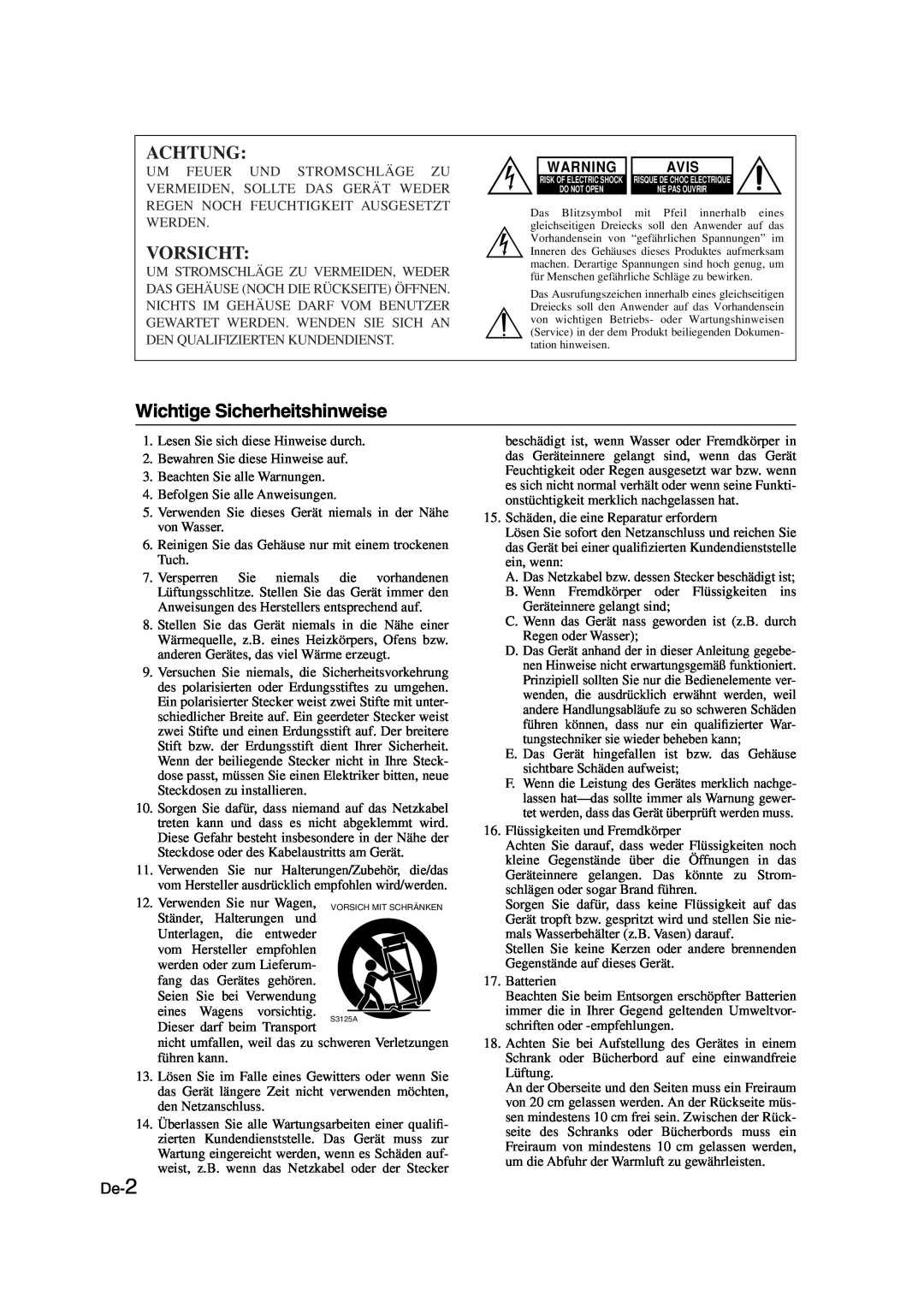 Onkyo SKS-HT530 instruction manual Achtung, Vorsicht, Wichtige Sicherheitshinweise, De-2, Avis 