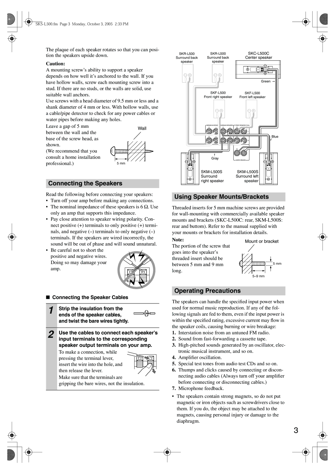 Onkyo SKS-L500, SKC-L500C, SKM-L500S appendix Connecting the Speakers, Using Speaker Mounts/Brackets, Operating Precautions 