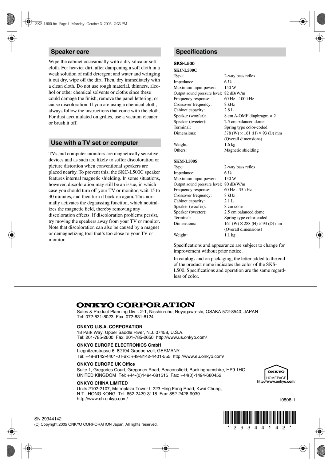 Onkyo SKC-L500C, SKS-L500, SKM-L500S appendix Speaker care, Use with a TV set or computer, Speciﬁcations 