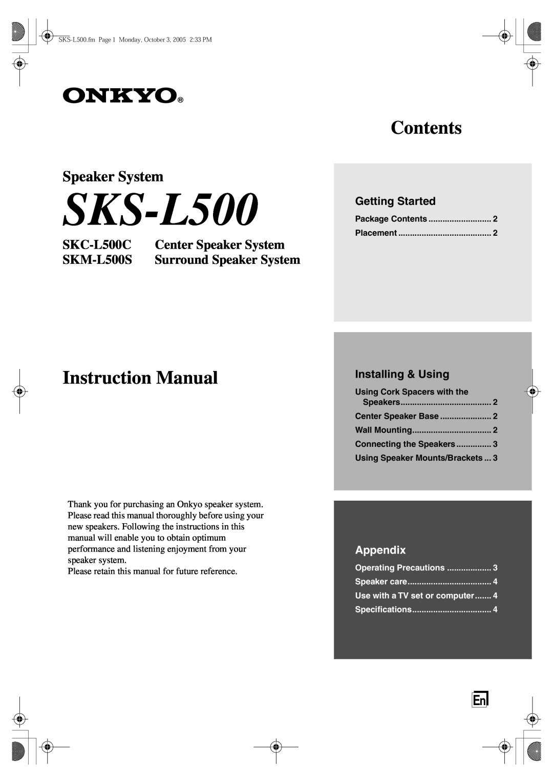 Onkyo SKC-L500C, SKM-L500S appendix SKS-L500, Contents, Speaker System, Getting Started, Installing & Using, Appendix 