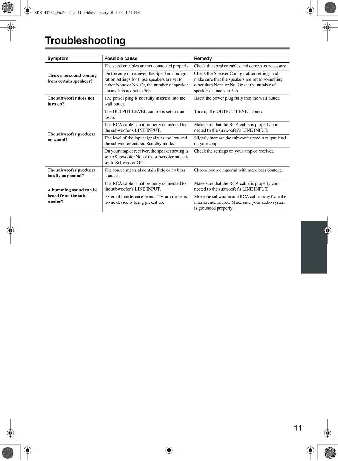 Onkyo SKS-HT230, SKW-150X, SKF-230F, SKC-230C, SKM-230S instruction manual Troubleshooting, Symptom Possible cause Remedy 