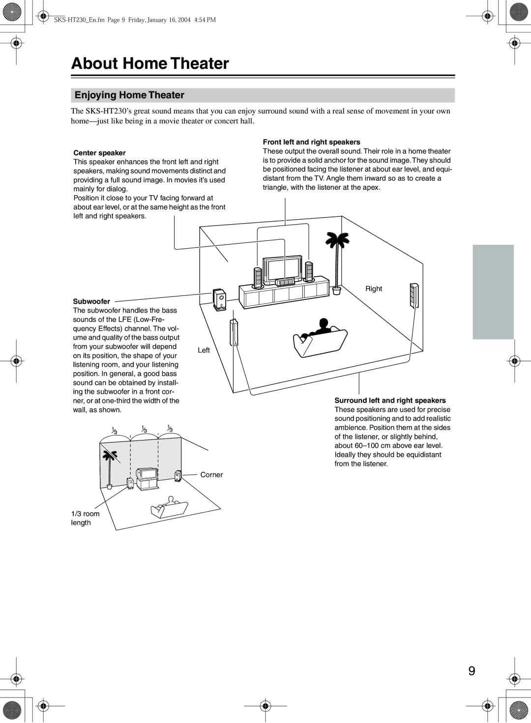 Onkyo SKM-230S, SKW-150X, SKS-HT230, SKF-230F, SKC-230C instruction manual About Home Theater, Enjoying Home Theater 