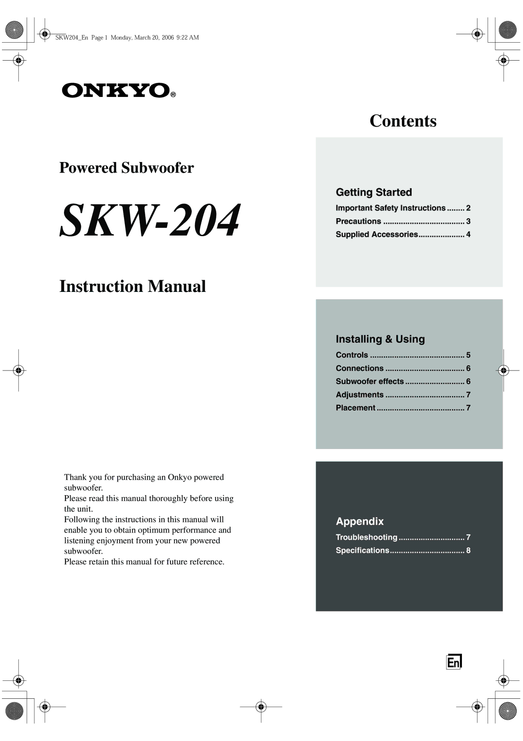 Onkyo SKW-204 instruction manual 