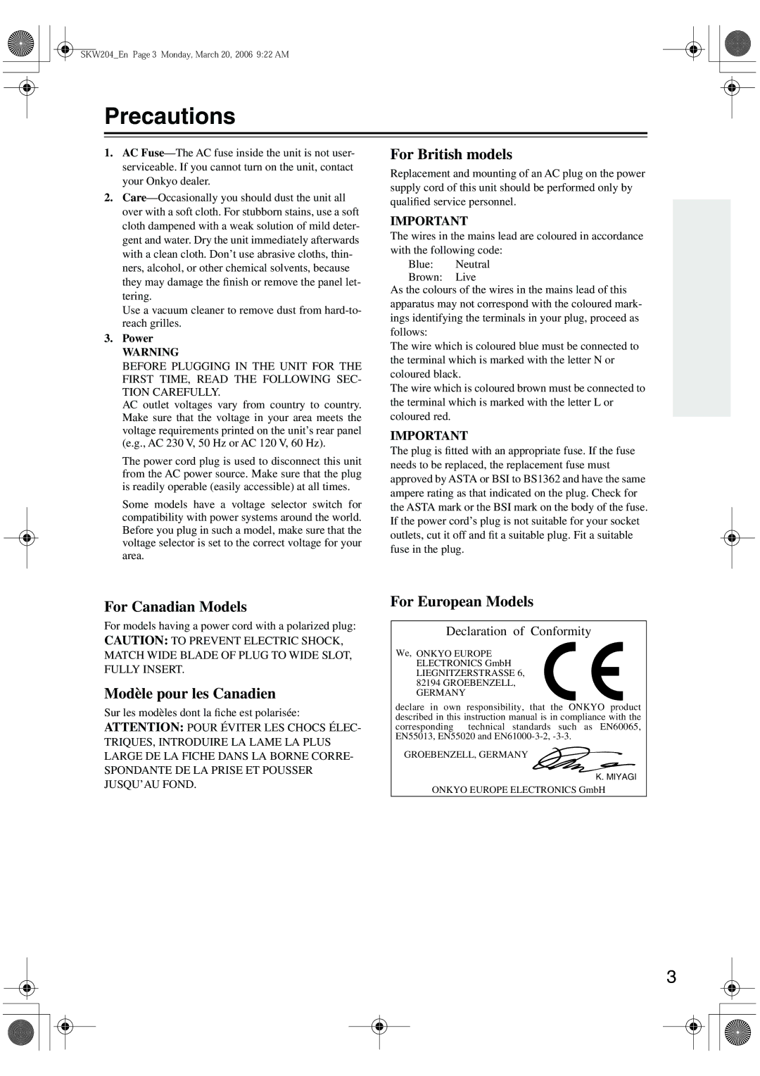 Onkyo SKW-204 instruction manual Precautions, Power 