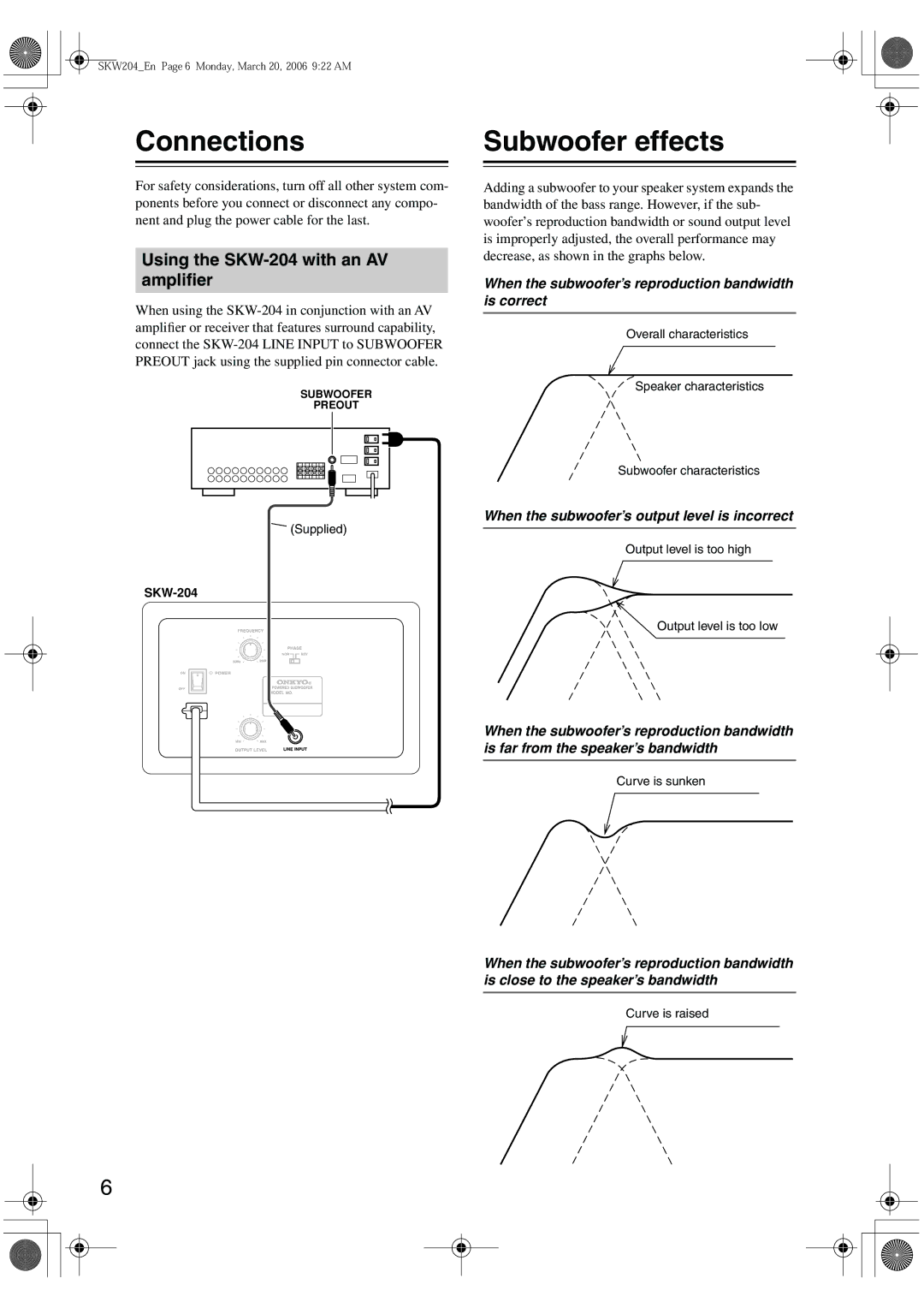 Onkyo SKW-204 instruction manual Connections, Subwoofer effects 