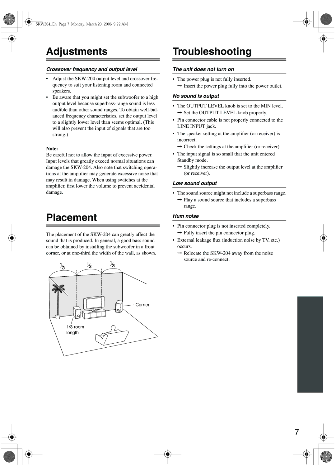 Onkyo SKW-204 instruction manual Adjustments, Placement, Troubleshooting 