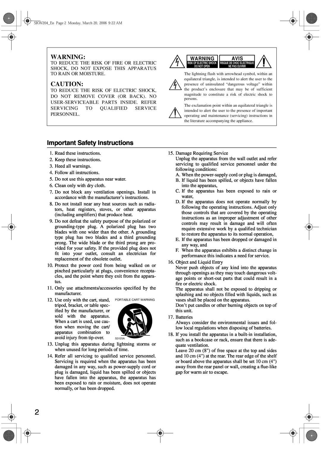 Onkyo SKW-204 instruction manual Important Safety Instructions, Avis 