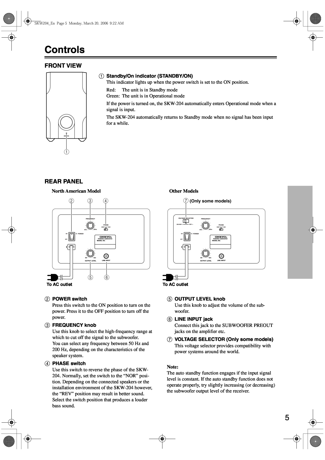 Onkyo SKW-204 instruction manual Controls, Front View, Rear Panel, North American Model, Other Models 