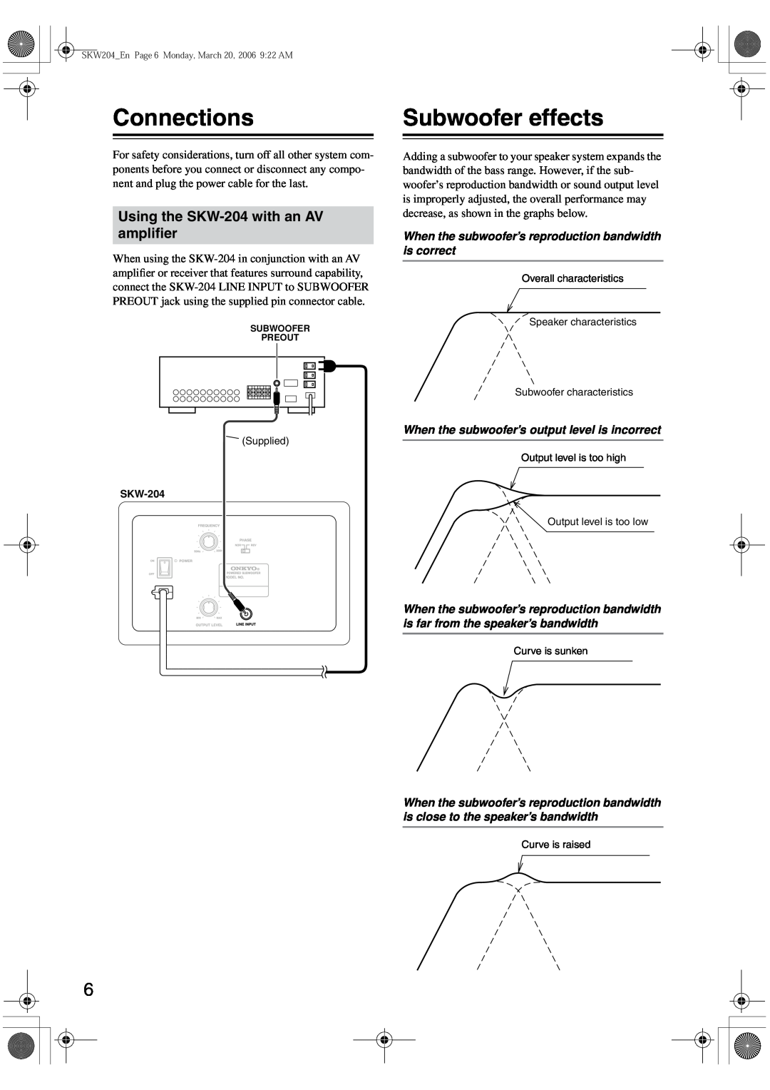 Onkyo instruction manual Connections, Subwoofer effects, Using the SKW-204with an AV ampliﬁer 