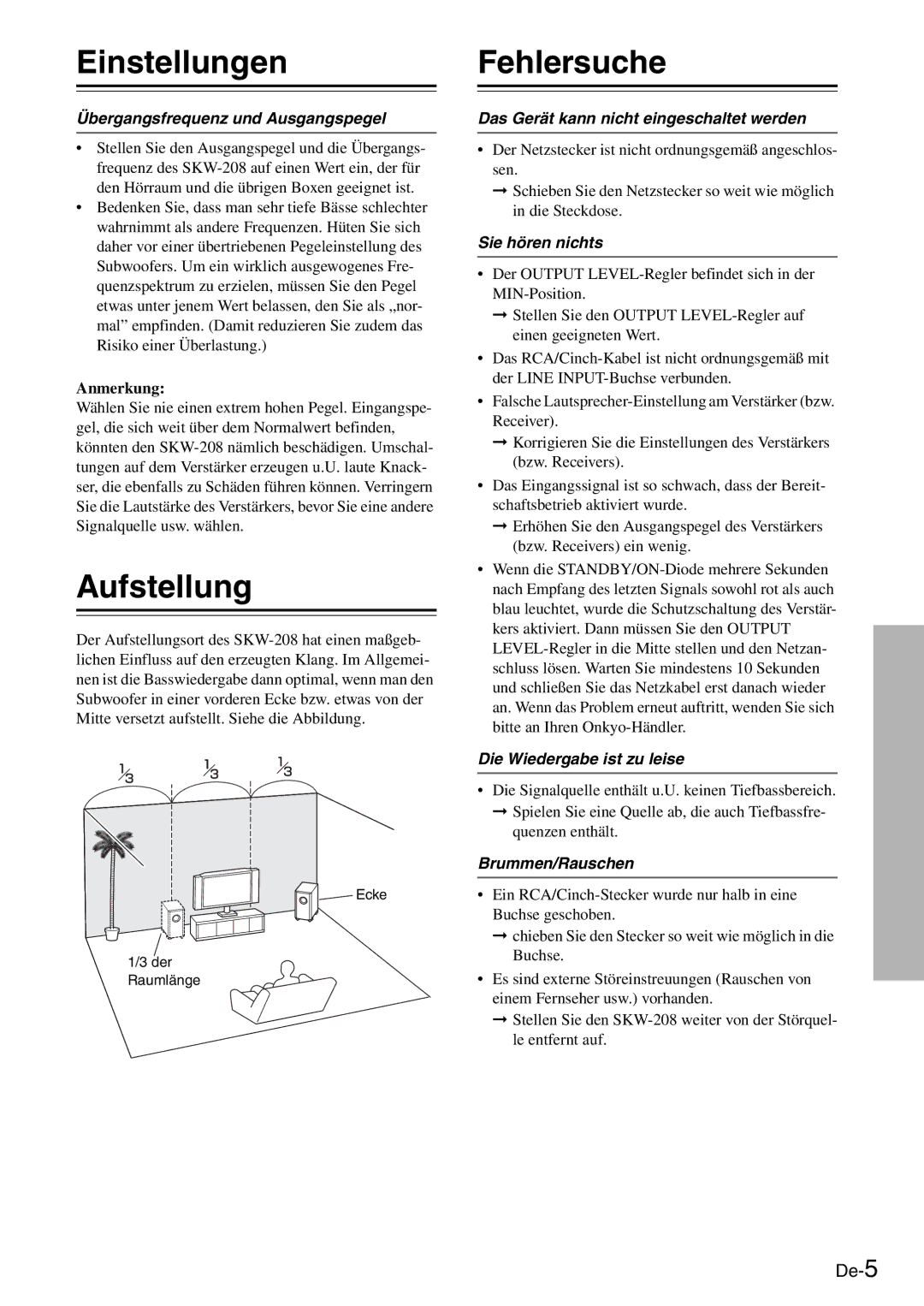 Onkyo SKW-208 instruction manual Einstellungen, Aufstellung, Fehlersuche 