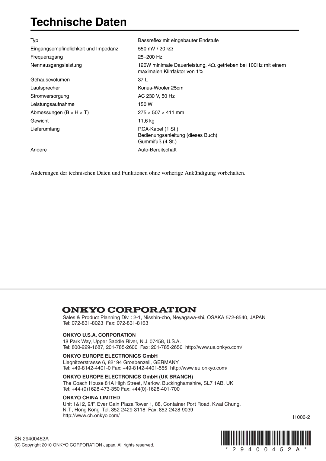 Onkyo SKW-208 instruction manual Technische Daten, Onkyo U.S.A. Corporation 