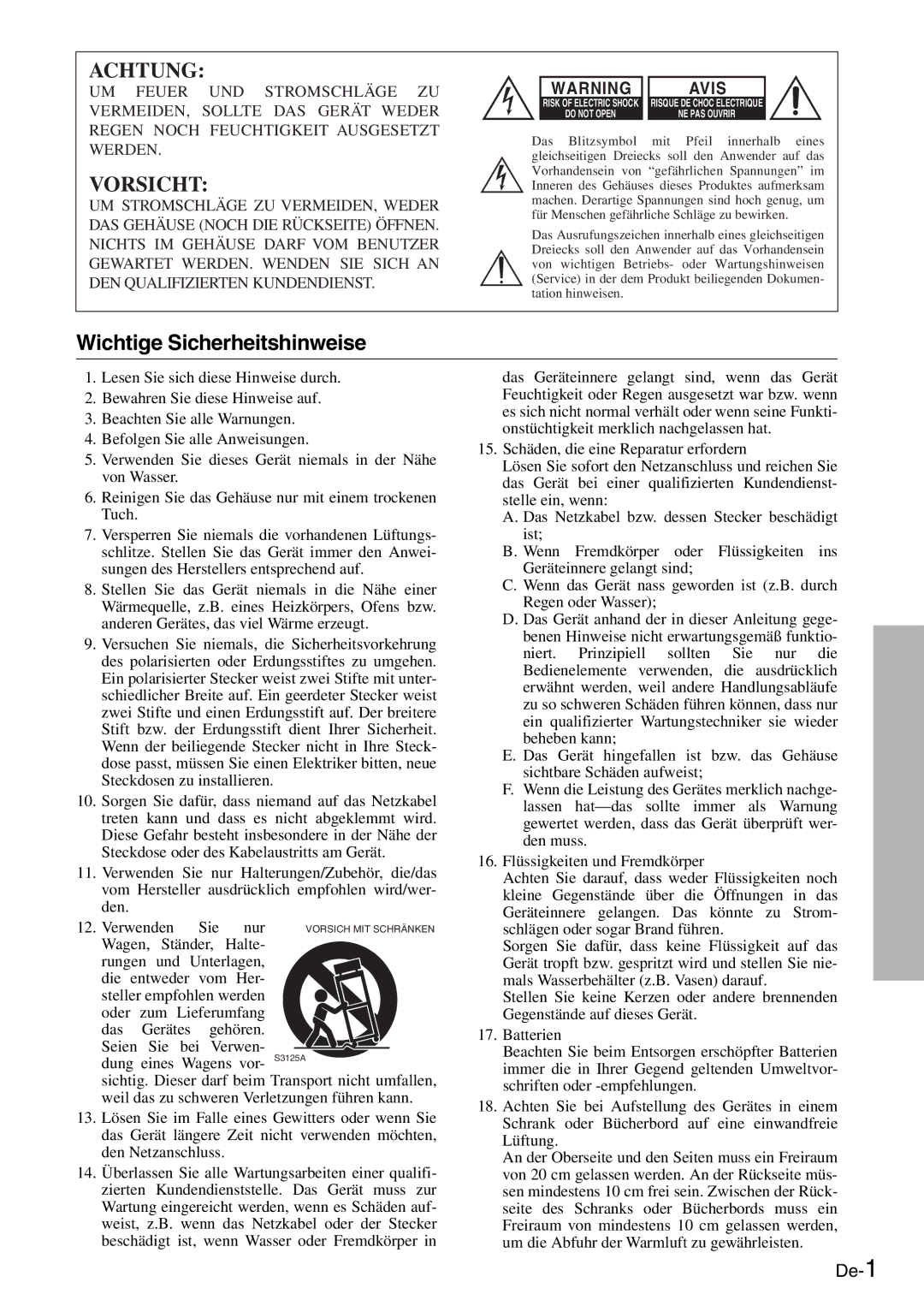 Onkyo SKW-208 instruction manual Wichtige Sicherheitshinweise 