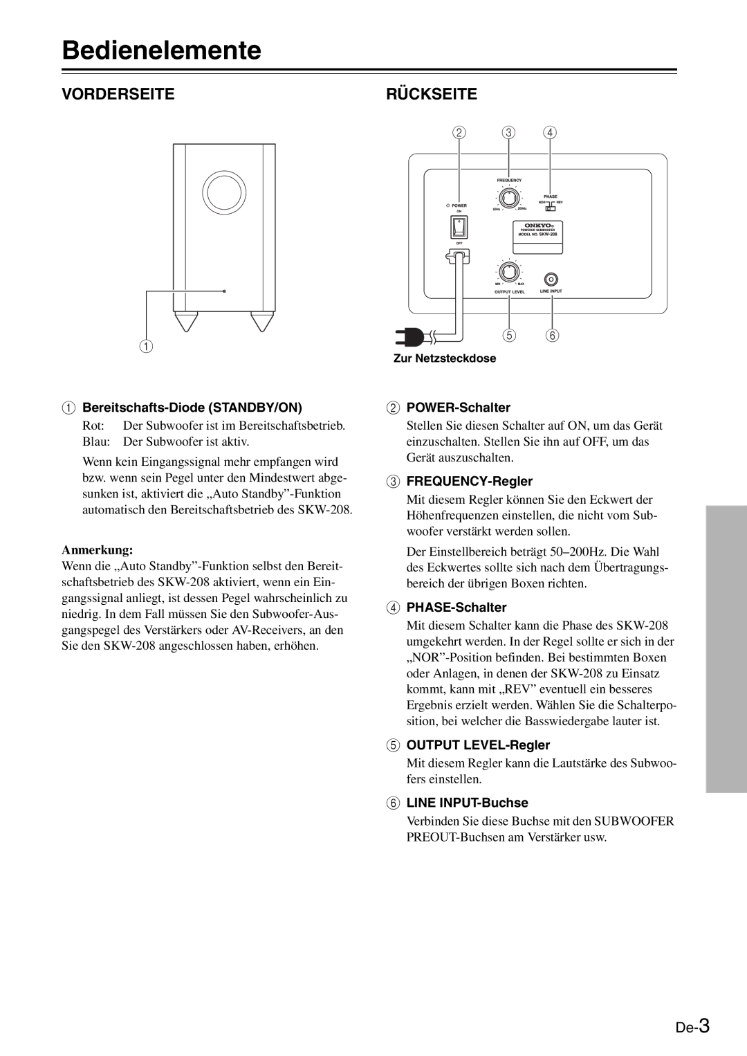 Onkyo SKW-208 instruction manual Bedienelemente, Anmerkung 