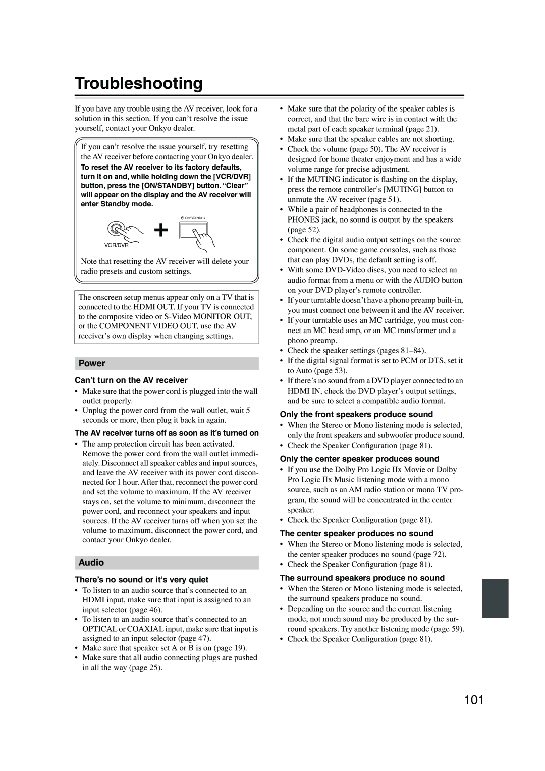 Onkyo SKM-960S, SKW-960, SKF-960F, SKC-960C, SKB-960, HT-R960 instruction manual Troubleshooting 