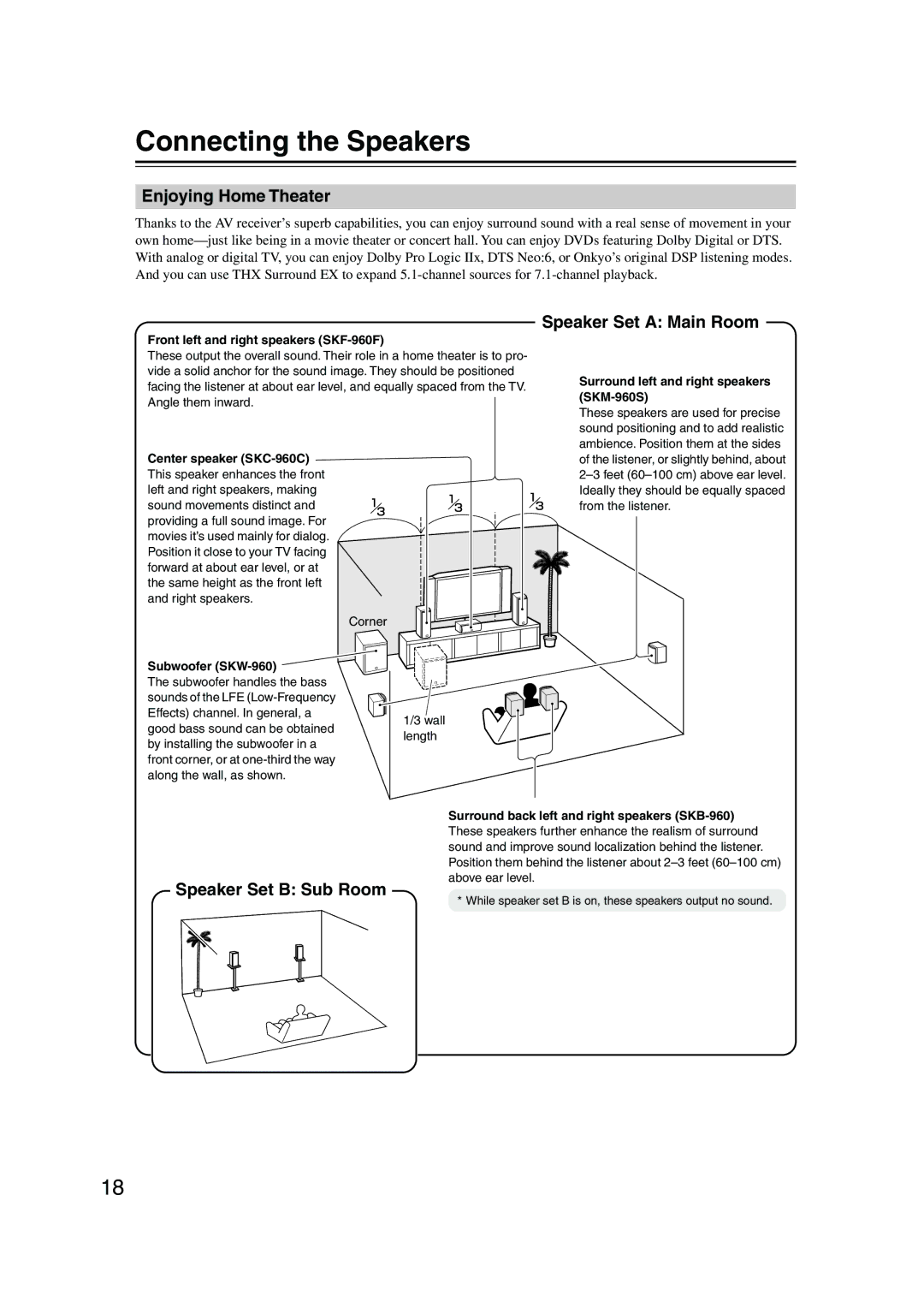 Onkyo SKW-960, SKF-960F Connecting the Speakers, Enjoying Home Theater, Speaker Set a Main Room, Speaker Set B Sub Room 