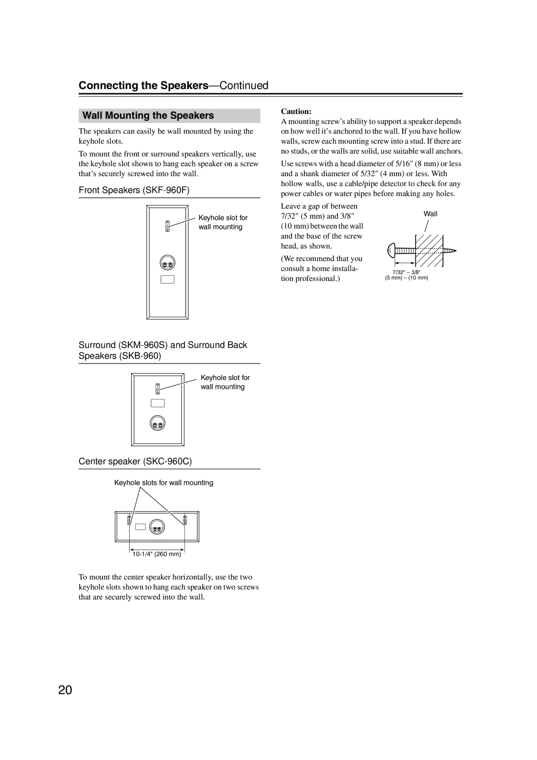 Onkyo SKW-960 Connecting the Speakers, Wall Mounting the Speakers, Front Speakers SKF-960F, Center speaker SKC-960C 