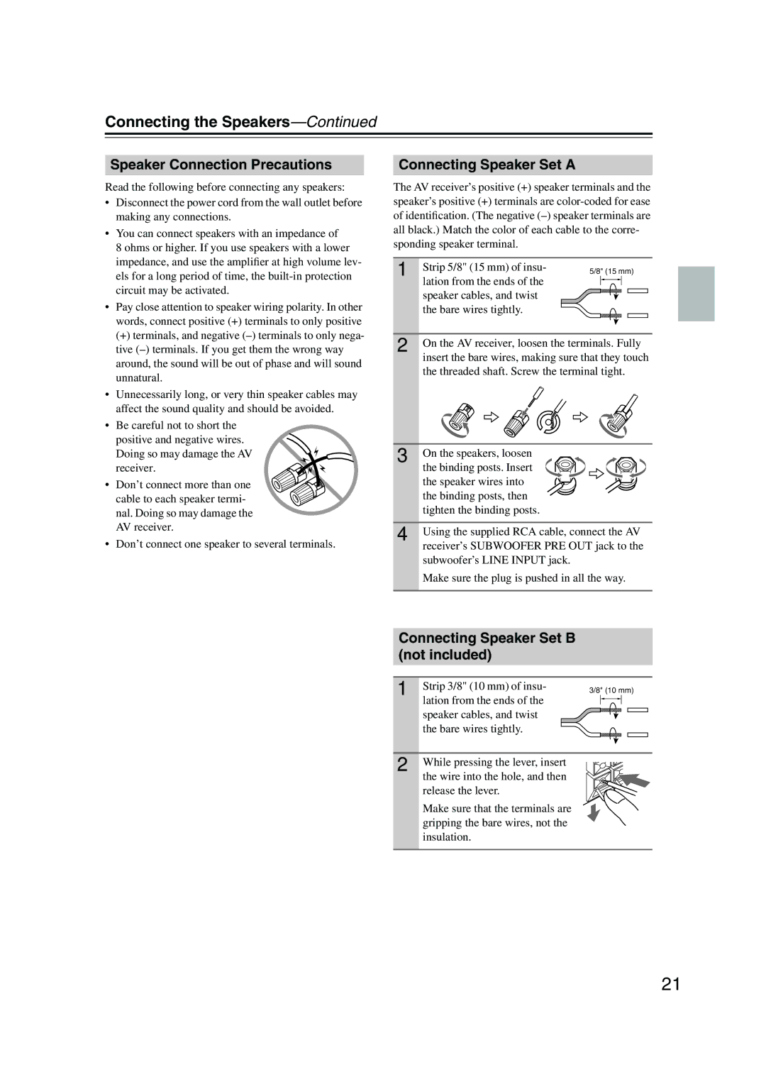 Onkyo SKB-960, SKW-960 Speaker Connection Precautions, Connecting Speaker Set a, Connecting Speaker Set B not included 