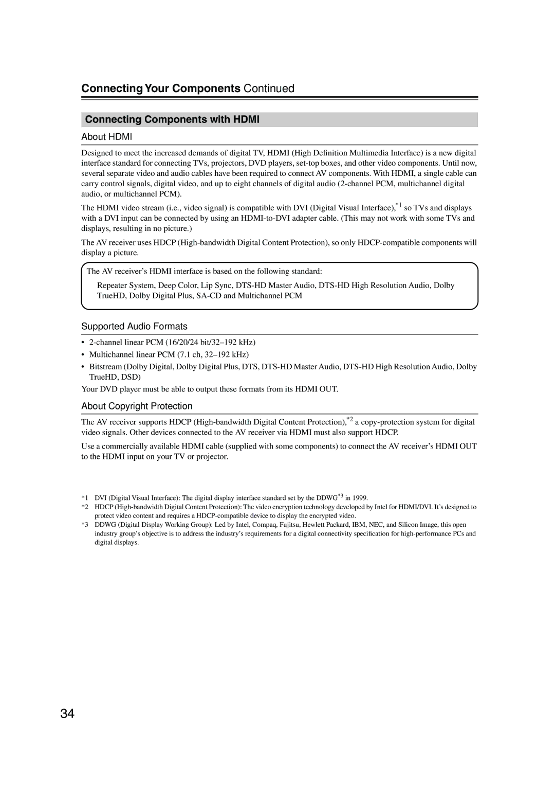 Onkyo HT-R960, SKW-960 Connecting Components with Hdmi, About Hdmi, Supported Audio Formats, About Copyright Protection 