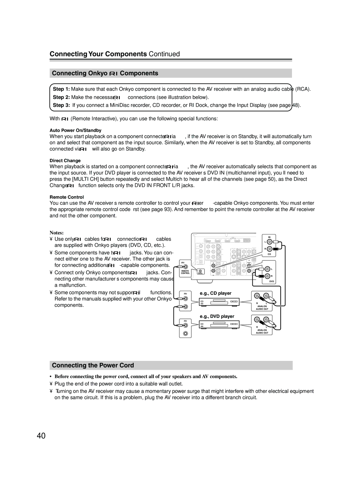 Onkyo HT-R960 Connecting Onkyo Components, Connecting the Power Cord, Auto Power On/Standby, Direct Change, Remote Control 