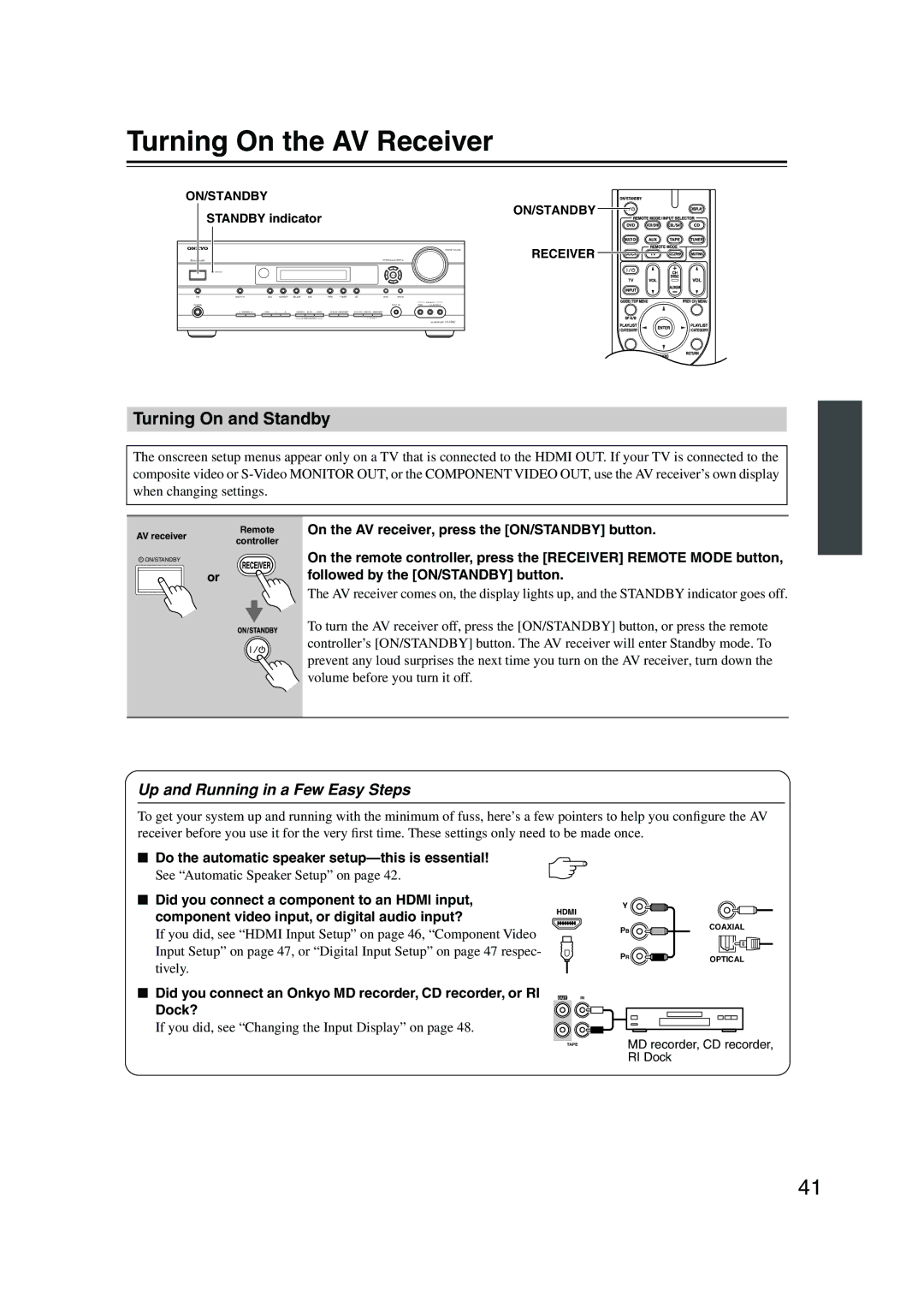 Onkyo SKM-960S, SKW-960 Turning On the AV Receiver, Turning On and Standby, Up and Running in a Few Easy Steps, RI Dock 