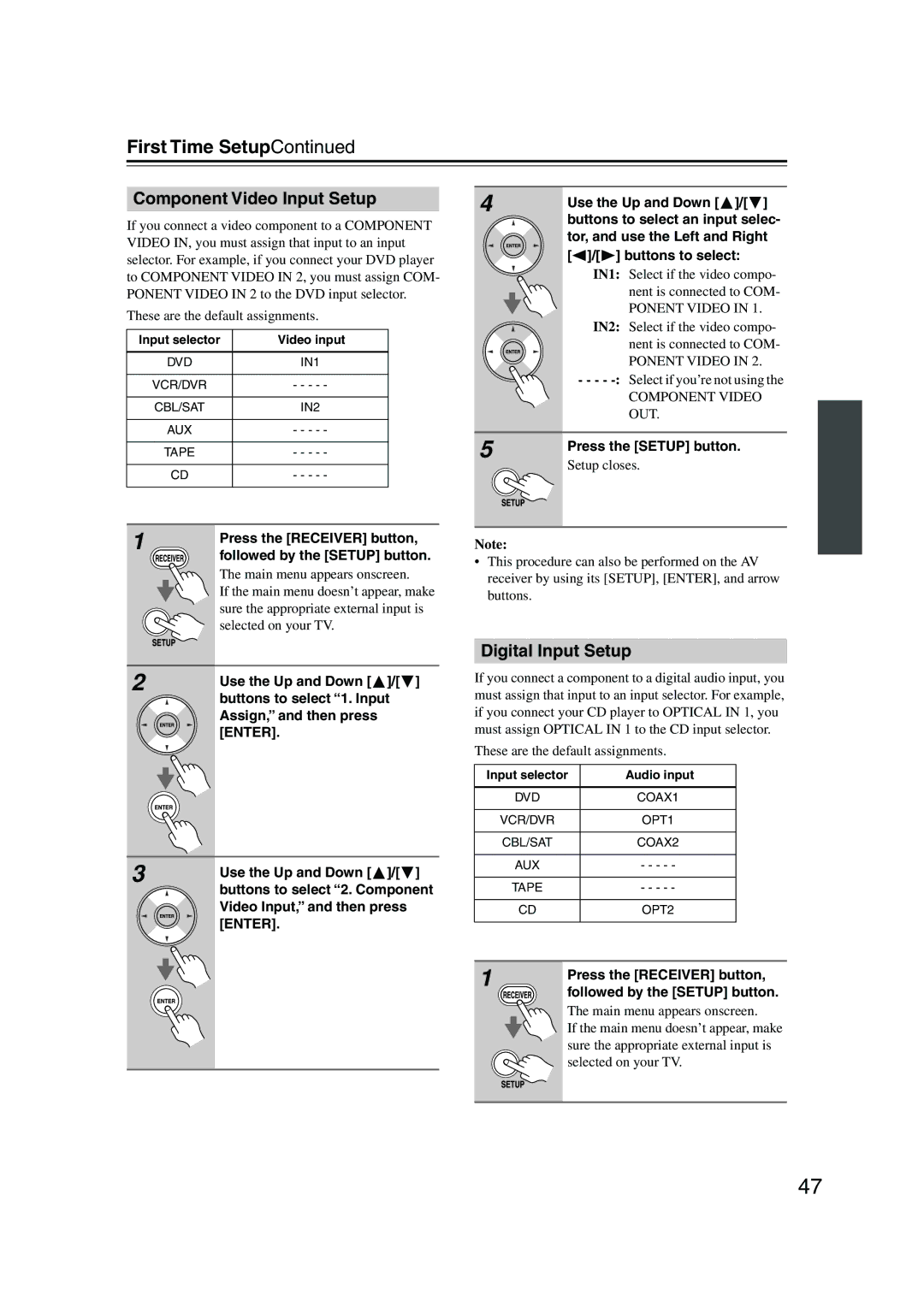 Onkyo SKM-960S, SKW-960 Component Video Input Setup, Digital Input Setup, Main menu appears onscreen, Selected on your TV 