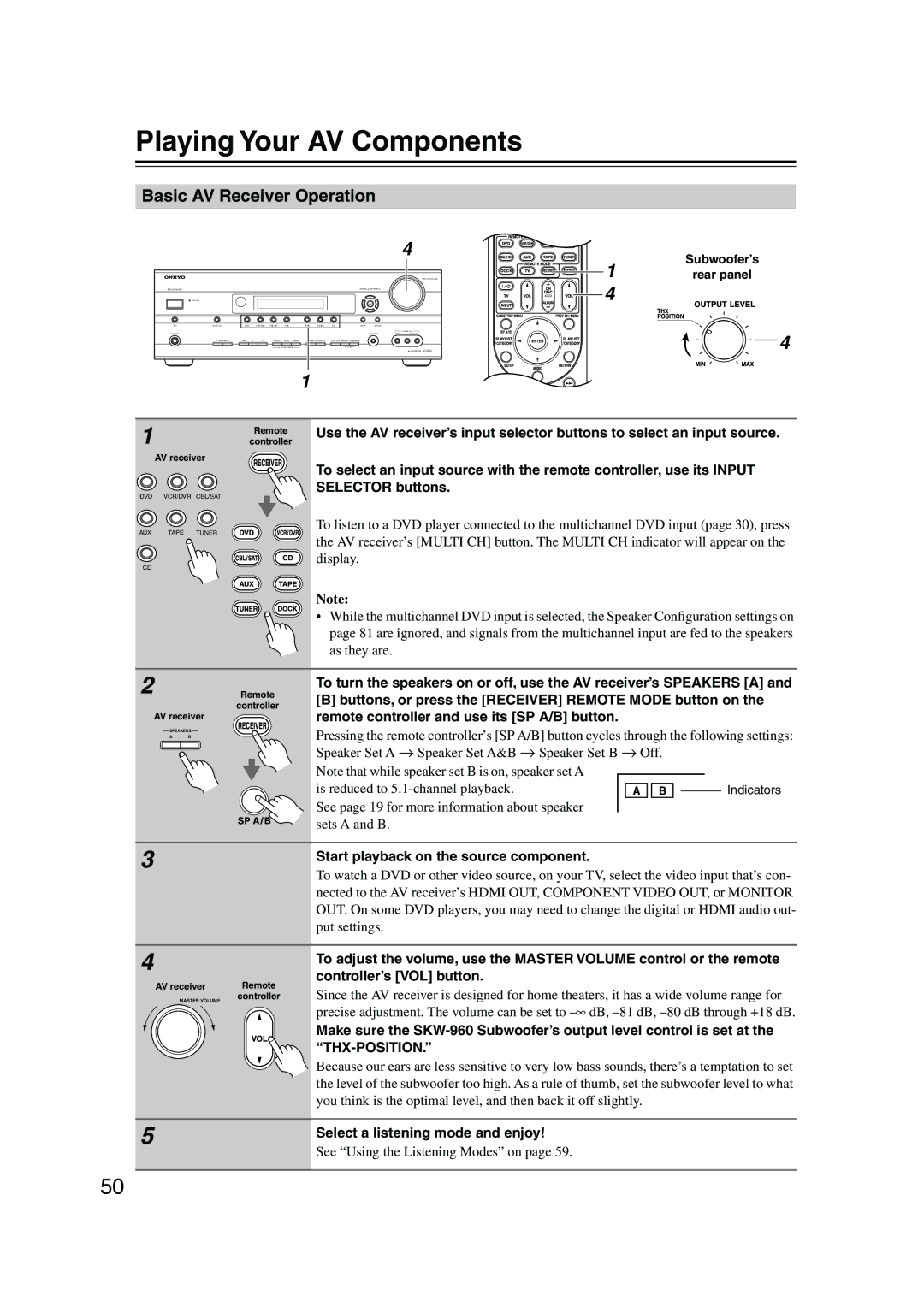 Onkyo SKC-960C, SKW-960 Playing Your AV Components, Basic AV Receiver Operation, Start playback on the source component 